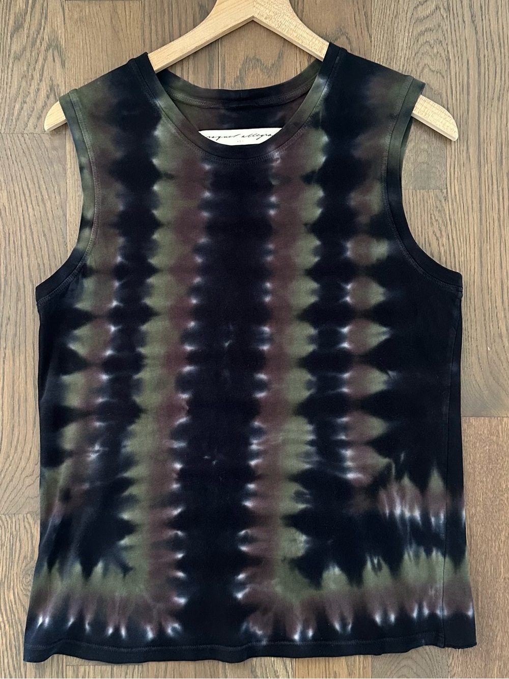 Raquel Allegra Tie Dye Sleeveless Knit Cotton Tank Top in Black, Purple, Green L